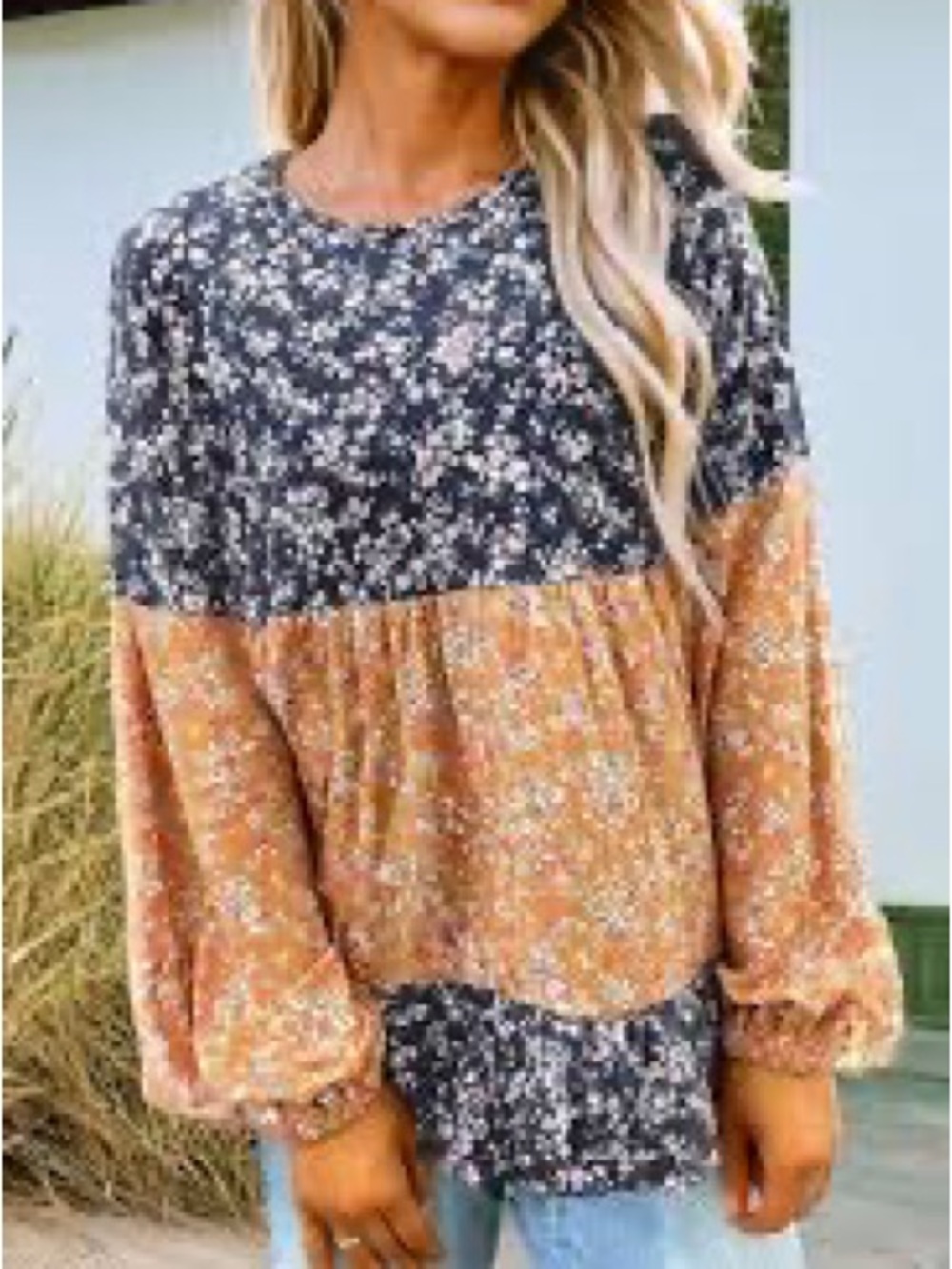 Golden Meadow Blouse NWT Floral Two-Tone Peplum Tunic in Black and Mustard M